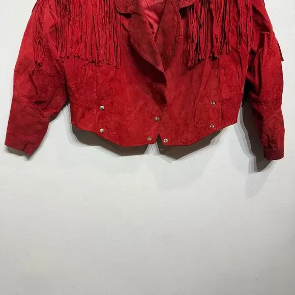 Outerbound by HMS Red Cropped Fringe Vintage Leather Jacket Sz M - Picture 4 of 16